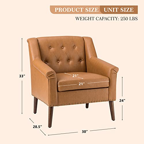 Hulala Home Faux Leather Accent Chairs Set Of 2 With Nailhead Trim, Button-Tufted Living Room Armchairs With Removable Cushion, Traditional Single Sofa Chairs For Bedroom Office, Camel #TOP1