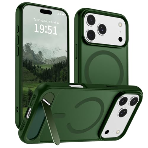 Image of SUPFINE Magnetic for iPhone 17 Pro Case Translucent Matte Phone Cover | (Built-in Invisible Kickstand)(Compatible with MagSafe)(Military Grade Drop Protection) Forest Green