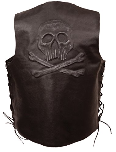 Image of EVENT LEATHER ELM3915 Men's Black Side Lace Motorcycle Leather Vest with Skull and Cross Bones Emboss