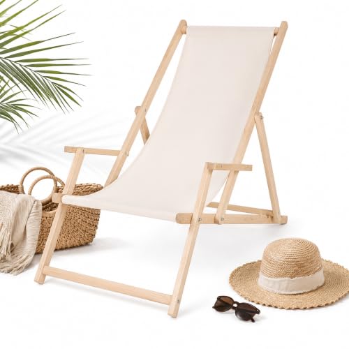 Mucola Strandliege mit Armlehnen Klappbarer Liegestuhl Beige aus Holz & Polyester 3-stufig verstellbar Ideal für Garten Strand & Camping