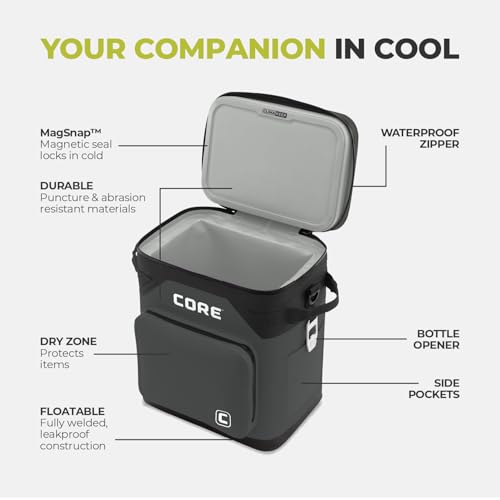 Image of CORE Magnetic Leak Proof Soft Cooler with Waterproof Zipper | Insulated Bag Portable Ice Chest Box | Best Soft Cooler for Food & Beverages for Tailgating, Car Camping, Travel, and Family Beach Picnics