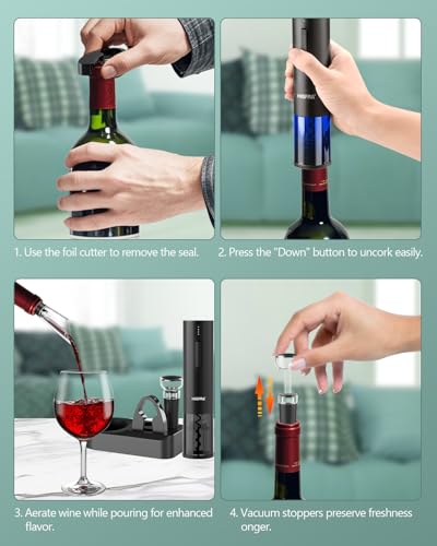 Electric Wine Opener Gift Set – Premium Wine Accessories with Wine Aerator, Vacuum Stopper, Foil Cutter and Gift Box – Ideal Valentines Gift for Wine Lovers and Special Celebrations