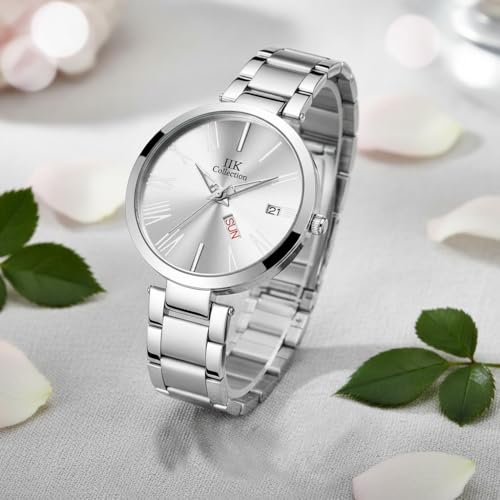IIK COLLECTION Analogue Watches For Women Round Studded Dial,Day And Date Quartz Movemnet,Long Battery Life,Stainless Steel Bracelet Chain Strap,Double Lock Clasp Safety Watches For Ladies, Girls (Silver)