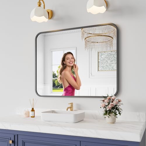 Koonmi Bathroom Mirror 28X36 Brushed Black Rectangle Wall Mirror HD Tempered Glass Anti-Rust Frame Vanity Mirror Rounded Rectangle Mirror for Restroom Bedroom Hangs Horizontal or Vertical