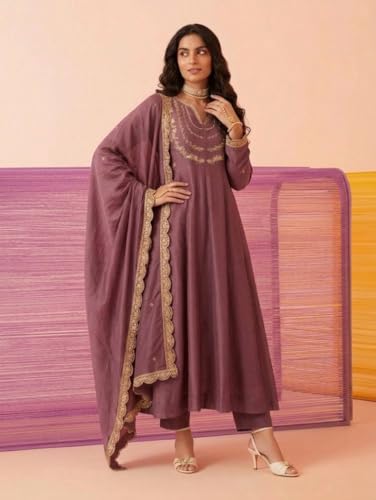 Image of Yashika Women's Silk Blend Embroidered Anarkali Kurta Set with Dupatta | Full Length Ethnic Wear for Women | Wedding