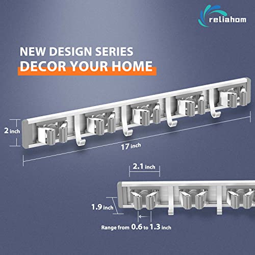 Image of reliahom Broom Holder Wall Mount Mop Hanger Tools organizer 5Racks 4Hooks | Adjustable Mop Broom Wall Hanging Heavy duty Tools Storage Rack Space-saving for Garage,Kitchen,Laundry Room,Garden, Silver