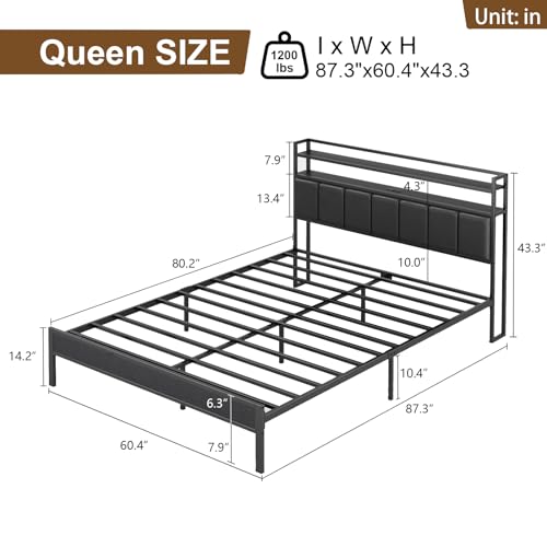 Image of Queen Size Bed Frame with Upholstered Headboard and 2-Tier Storage Shelves | Metal / Charging Station / LED Lights / Under Bed Storage / Non-slip / Noise Free / No Box Spring Needed / Black