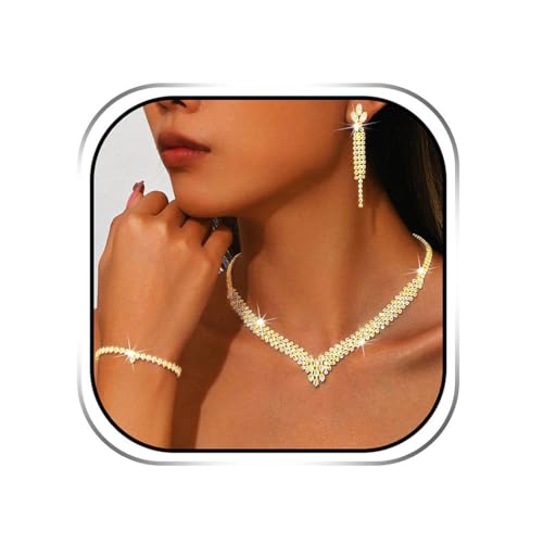 Sixexey Rhinestone Wedding Jewelry Set Bridal Necklace Earrings Party Prom Costume Jewelry Accessories for Women (Gold)