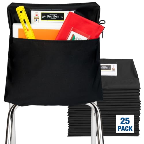 Image of Seat Sack Student Chair Storage Pocket - 17 inch, Single Pocket, Classroom Chair Organizer for Student Desks, Durable Over-the-Chair Storage, Ready-to-Use Name Tag Window, Black, 25-Pack