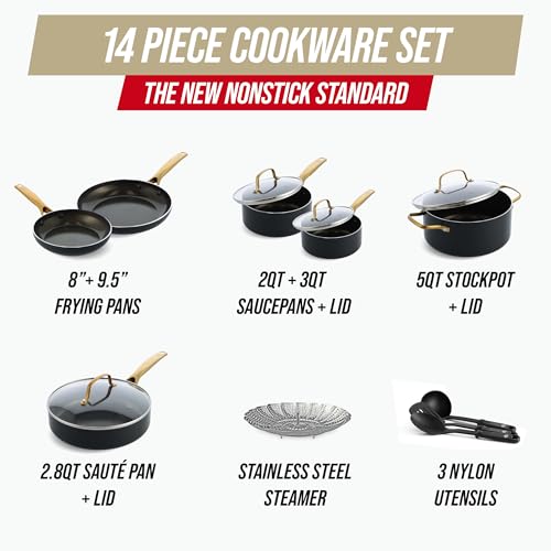 Blue Diamond 14 Piece Induction Nonstick Cookware Set, Diamond Infused PFAS-Free Ceramic Nonstick Pots & Pans, Durable Metal Utensil Safe, Dishwasher Safe, Oven & Broiler to 600F, Black/Gold - Image 4