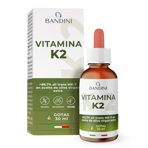 Bandini® Vitamina K2 MK-7 200 µg por gota | Contenido all–trans 99,7% | Vitamina K2 Líquida - Menaquinona MK 7 Natural | disuelto en Aceite de Oliva Virgen Extra | Vitaminas K 30 ml (840 gotas)