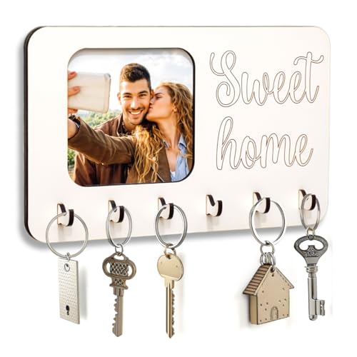 MoniDecor Colgador de Llaves Madera con Marco de Fotos 6 Ganchos, Llavero de Pared para Colgar Llaves sin tacos Colocar Llaves Colgador de Llaves Personalizado (MARCO)