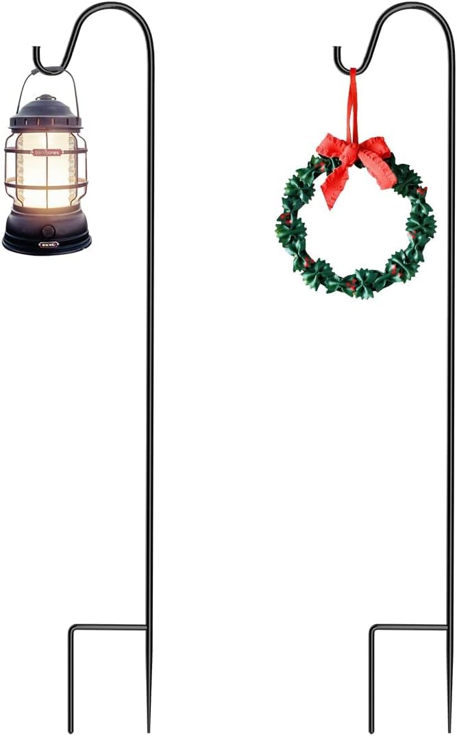 Shepherds Hooks, 2 Pack 100cm/39.37”Heavy Duty Shepherd's Crook with Metal Stake Base. Garden Hooks for Lanterns, Shepherds Hook for Decor, Garden,Wedding, -3 Section Stitching, Black