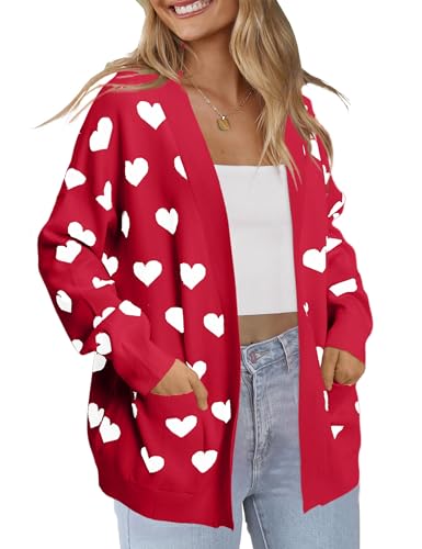 Heart Cardigan Sweater for Women Oversized Valentine Cardigan Cute Love Print Open Front Knit Sweaters Coat with Pockets3