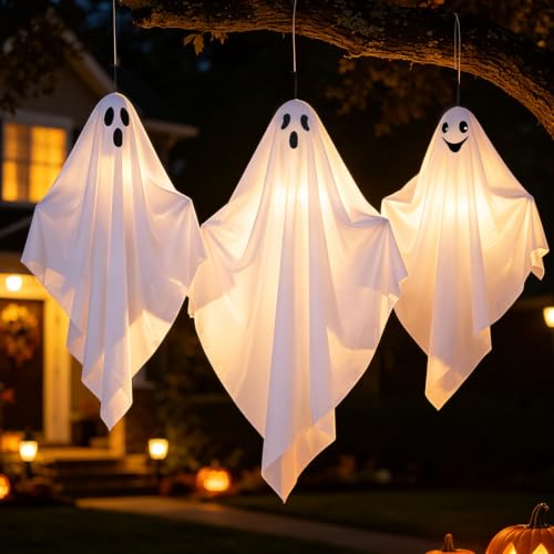 Plamerx 6 Pcs Halloween Hanging Ghosts, 27.5'' Flying Ghost for Outdoor Front Yard Porch Patio Lawn Garden Trees Holiday Party Décor Halloween Decorations - image 6