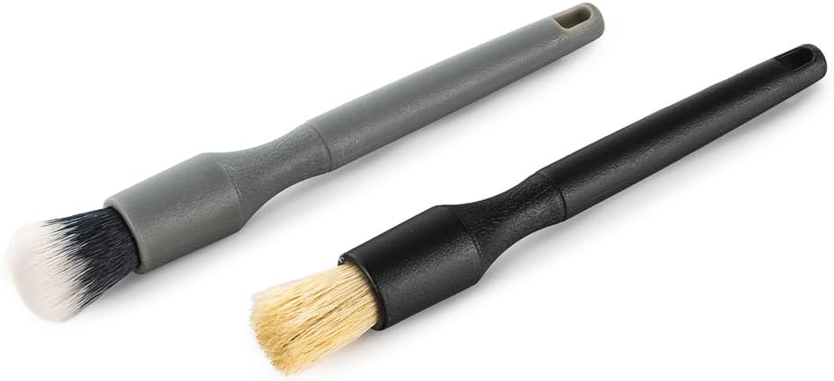 Crevice Mini Detailing Brush Combo Kit - One Boar's Hair Brush + One Ultra-Soft Synthetic Brush, Heavy Cleaning Action for Small Spaces, Black + Gray (2-Pack)