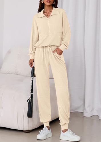 Image of PRETTYGARDEN Women 2 Piece Ribbed Knit Matching Lounge Sets | Comfy Sweat Track Suits, Athleisure Casual Outfit, Half Zip Sweatshirt & Jogger Pants, Fall Winter Clothes for Airport Travel