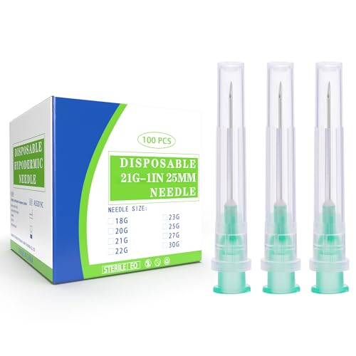 100 Pack 21 Gauge 1 Inch Needle 25mm with Cap, 21 Ga Disposable Needles for Industrial, Scientific Labs, Individually Wrapped