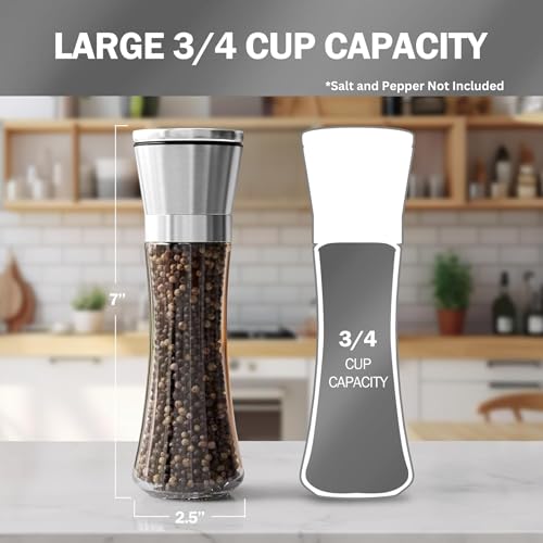 Image of Home EC Premium Stainless Steel Sea Salt and Pepper Grinder Set of 2 - Adjustable Ceramic - Tall Glass Salt and Pepper Shakers - Kitchen Spice Mill W /Funnel & EBook