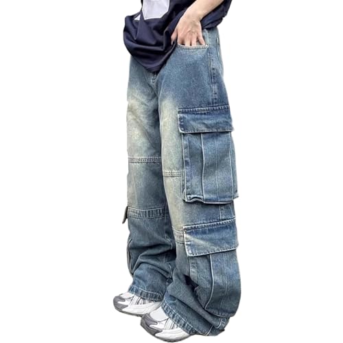 Men's Baggy Cargo Jeans Straight Wide Leg Loose Cargo Denim Pants Flap Pockets Hip Hop Pants for Teen Boys