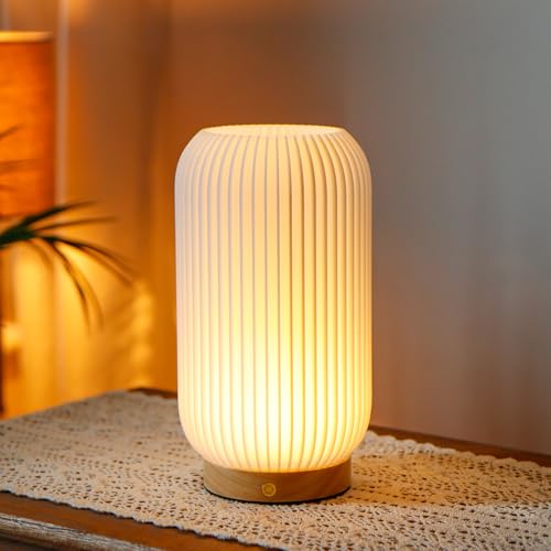 JHY DESIGN Lampe de chevet tactile dimmable 3 couleurs haute 23 cm Lumière de table avec commande à bouton lanterne de chevet imprimée en 3D avec base en bois pour...