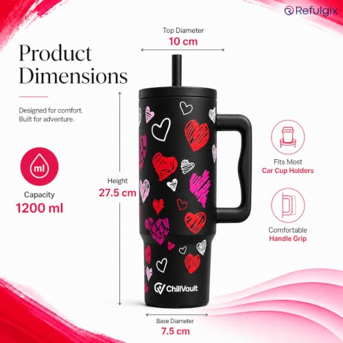 Image of REFULGIX ChillVault 1200ml Stainless Steel Tumbler | Double-Wall Vacuum Insulated Travel Mug with Handle, Leak-Proof Lid & 2 Reusable Straws | Keeps Drinks Hot & Cold | Black