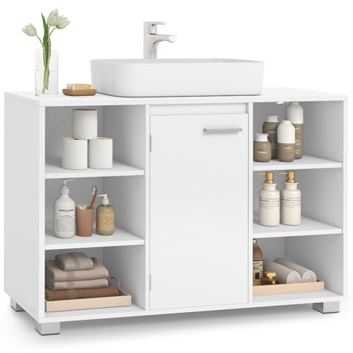 VASAGLE Meuble sous Lavabo, Meuble de Salle de Bain, Armoire de Salle de Bain avec Étagères Réglables, Pieds, 30 x 90 x 60 cm, Blanc Nuage BBK507W01