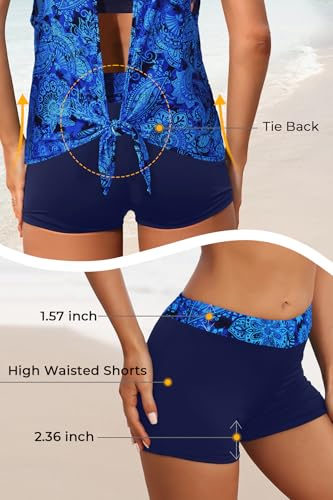 Image of 3 Piece Swimsuits Open Tie Back Tankini Top And Athletic Swim Shorts | Supportive Strappy Swim Bra, Adjustable Straps, Removable Pads, Tummy Control Boyshorts, Quick Dry Fabric, XXS-20 Plus