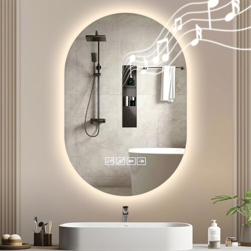 wowspeed Specchio da bagno con luci LED da parete, antiappannamento, dimmerabile in 3 colori, LED, vetro temperato HD, specchio intelligente Bluetooth, bagno, 50 x 75 cm