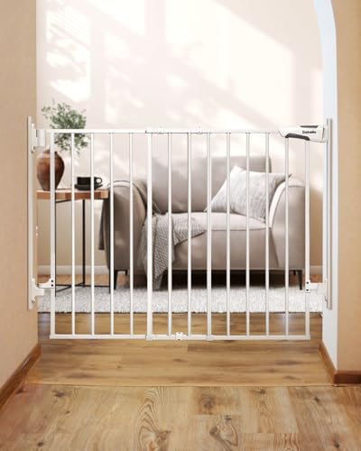 Babelio 27-45" No Bottom Bar Baby/Dog Gate with Easy Installation, 2-in-1 Auto Close Design, Suitable for The House, Stairs, and Doorways, Safety Pet Gates with Large Walk-Thru Door, White