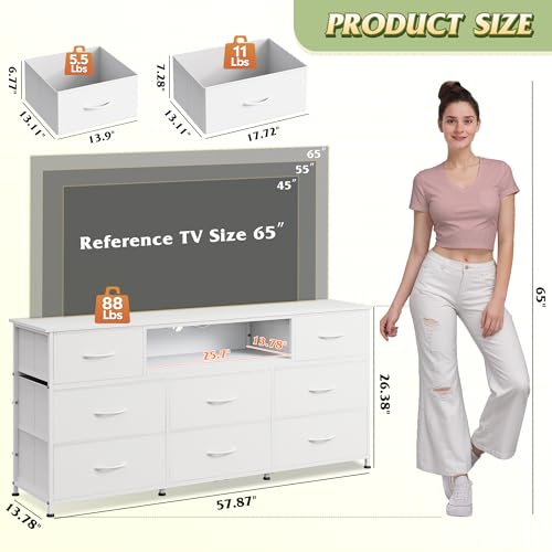 Image of WLIVE LED Dresser TV Stand for 65 Inch TV, 8 Drawers, White | Fits TVs up to 65 inch, 8 fabric drawers, LED chest of drawers, Built-in power outlet, Living room or bedroom