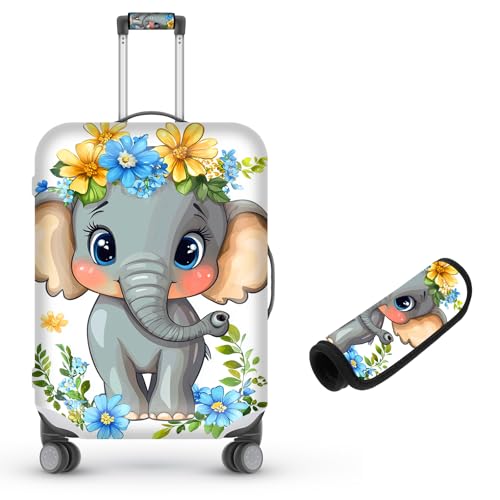 Suitcase Cover for Luggage 25-28 Inch, Washable Elastic Anti-Scratch Luggage Protector, Durable Zipper Baggage Cover with Handle Wrap, Travel Accessories for Suitcase, Baby Elephant with Floral