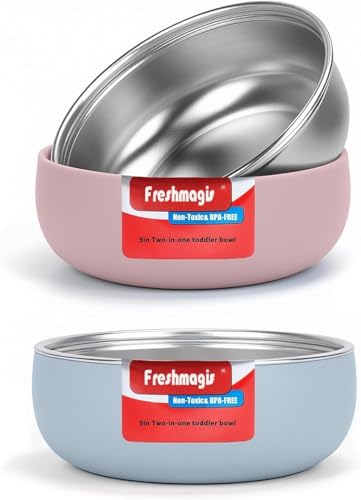 Freshmagis Piatto per bambini in acciaio inox con ventosa, stoviglie per bambini in acciaio inox, ciotole da 12,7 cm, senza BPA, lavabile in lavastoviglie, senza pasticcio, set da 2 pezzi