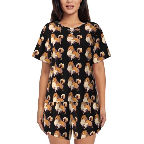 Pyjama court femme imprimé chien Poméranie en tissu doux anti-irritation nocturne