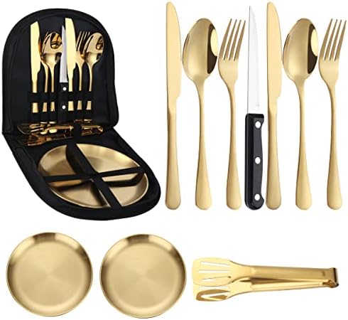 ALXBSONE Stainless Steel Portable Outdoor Cutlery Set 10-pcs Mess kit Travel Camping Steak Knife Fork Spoon Cloth Bag Cutlery Set(Gold)