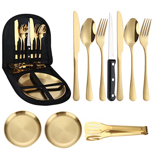 Alxbsone Stainless Steel Portable Outdoor Cutlery Set 10-Pcs Mess Kit Travel Camping Steak Knife Fork Spoon Cloth Bag Cutlery Set(Gold) #TOP1