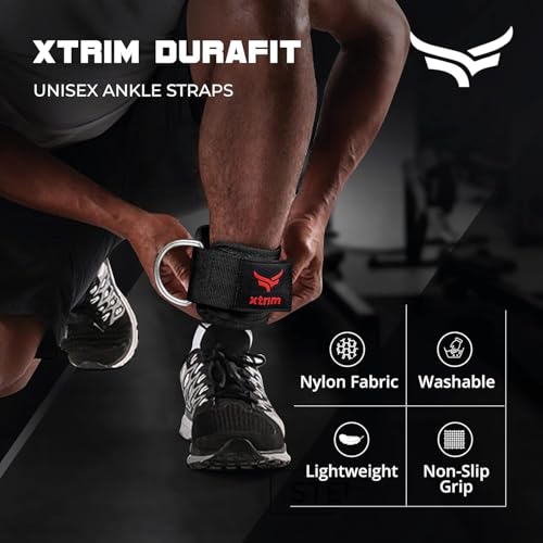 Image of XTRIM Unisex Ankle Straps with Metal D-Rings for Cable Machine, Red | With Padded Neoprene Support, For Glutes Workouts, Curls & Hip Abductors
