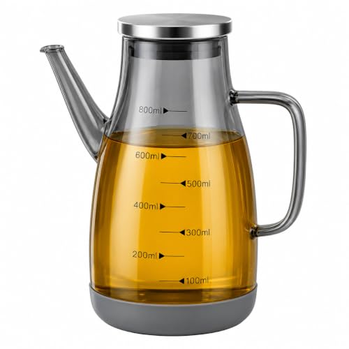 Image of Glass Oil Dispenser Bottle, Anti-Drip Spout, Leakproof Borosilicate Glass Oil Container with Measurement Markings for Kitchen, Olive Oil, Vinegar & Cooking (800, Milliliters)
