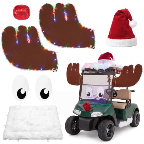 Suncalla 11 Pcs Christmas Golf Cart Reindeer Decorating Kit Colored Lights Deer Shaped Golf Cart Decorations for Christmas Decorations
