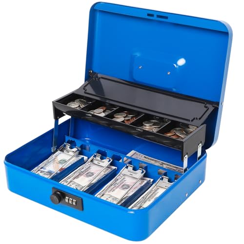 Jssmst Locking Metal Cash Box with Coin Lid, 11.8L x 9.5W x 3.5H Inches, Safe Money Box with Combination Lock, Blue, SM-CB0514BL