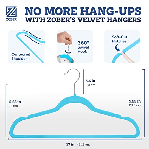 Image of ZOBER Turquoise Velvet Hangers 50 Pack - Clothes Hangers, Coat Hanger for Pants & Dress Clothes - Non Slip w / 360 Degree Swivel, Holds up to 10 lbs - Strong Felt Hanger for Clothing