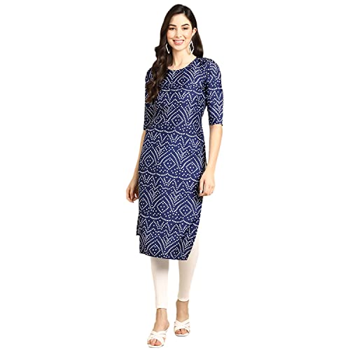 Image of Pinkmint Women's Crepe Blue Color Bandhani Printed Straight Kurti (R-530366 L )