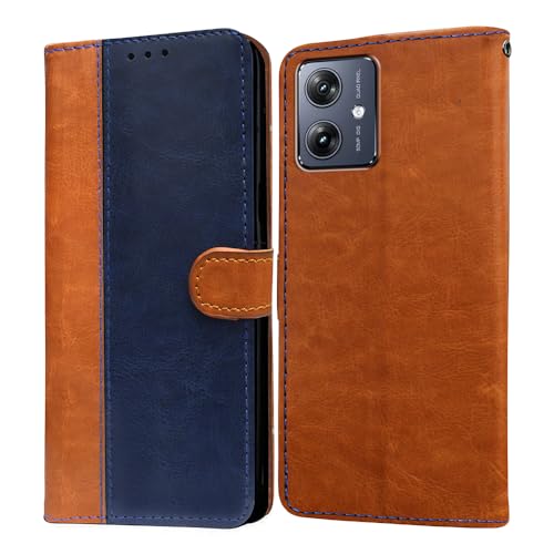 Image of Amazon Brand - Solimo Flip Leather Mobile Cover (Soft & Flexible Back case) for Motorola Moto G54 5G / G54 Power 5G / G64 5G (Camel and Blue)