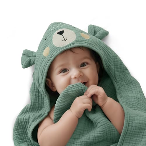 Blissful Diary Muslin Baby Hooded Towel, Soft and Absorbent Bath Towel for Newborn, Infant, Toddler, Unisex, 32″x32″ - Smart Bear