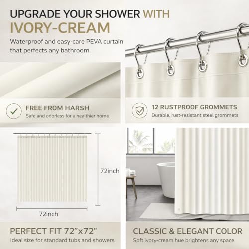 Image of EHZNZIE Cream Shower Curtain Liner 72x72, PEVA Waterproof Bath Curtain, No Chemical Smell, 3 Weighted Magnets, Durable with Rustproof Metal Grommets