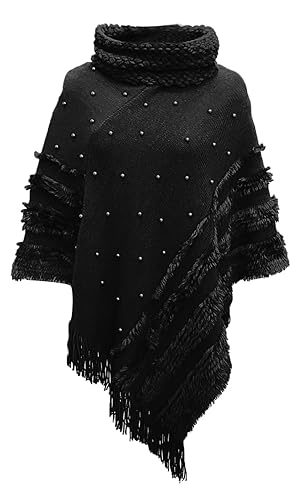 Rayson Femme Poncho Châle à Franges Hiver Tricot à col Montant Mode Elégant avec des Perles Chaud Écharpe Automne Hiver Cadeau de Noël(Noir)