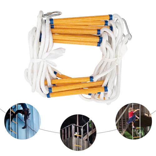 Escalera de cuerda, resistente al fuego, 12 m, escalera de seguridad con mosquetones, para exteriores, balcón, ventana, escalera de seguridad