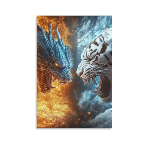 Toile dragon tigre 50x75 cm pour sublimer la décoration murale d'une chambre moderne
