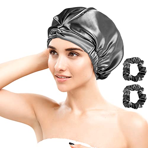 layajia Satin Bonnet Sleep Caps for Women, Satin Bonnet for Curly Hair Long Hair Women Sleeping Gray