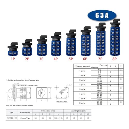 Interruptor de leva de cambio con contacto plateado YMW26-63A de 2 posiciones para control 6